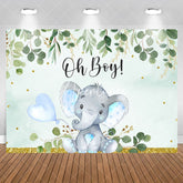 Aperturee - Oh Boy Green Leaves Blue Elephent Baby Shower Backdrop